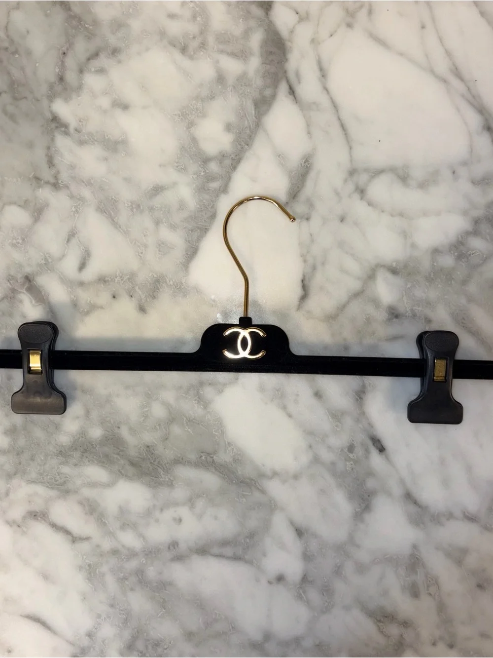Authentic CHANEL Black Velvet Skirt Pants Hanger Gold CC Logo